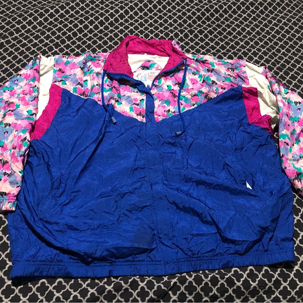 VTG 80s Active Code Wind Jogging Pink Floral Track Zip Jacket Women Sz 14/16 D22